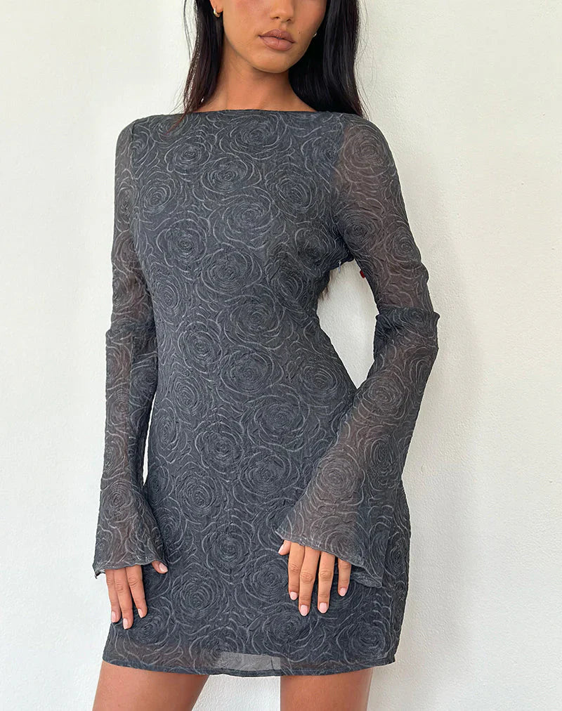 Sava Open Back Long Sleeve Mini Dress in Black Floral Chiffon