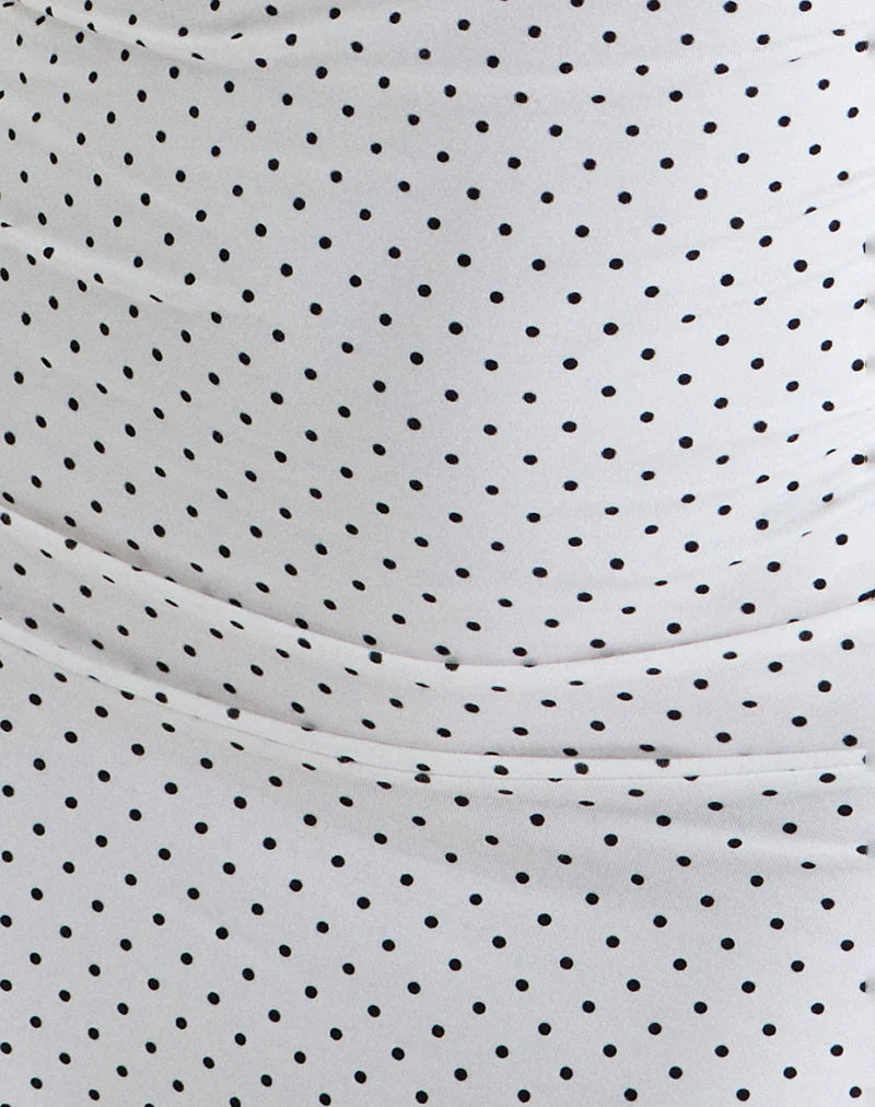 Luscian Plunge Mini Dress in White with Micro Polka Black