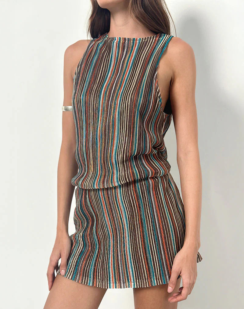 Jhani Mini Dress in Shimmer Plisse Blue and Brown